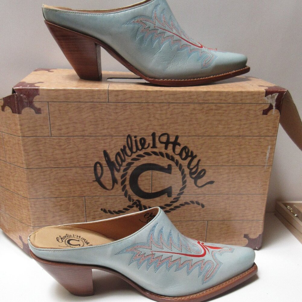 Lucchese Light Blue & Red Embroidered Leather Mules - Picture 5 of 11